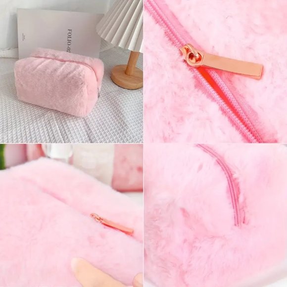 Fuzzy Cosmetic Bag Makeup Travel Organize Clutch Toiletry Pink or White Weekend - Picture 5 of 9